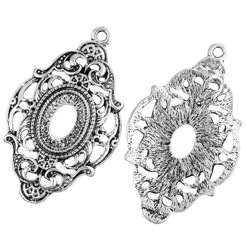 4 Pc Charm Pendants Flower Pattern Cabochon Setting Antique Silver 46mm - Sexy Sparkles Fashion Jewelry - 3