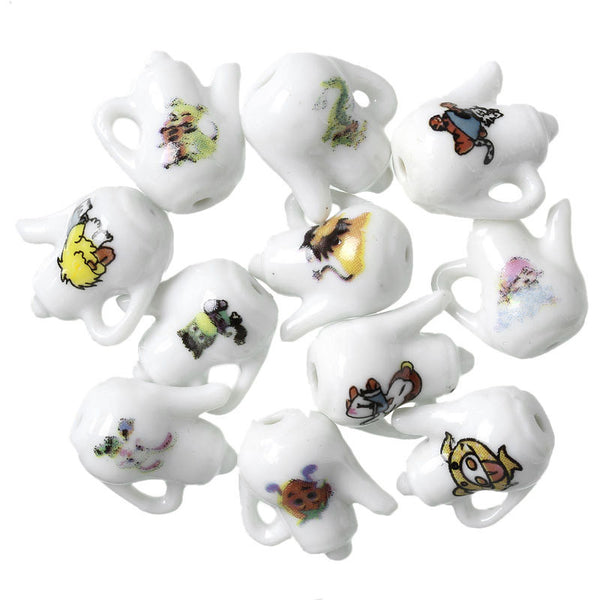 Sexy Sparkles 10 Pcs Ceramics Charms Teapot White Painted Patterns17mm