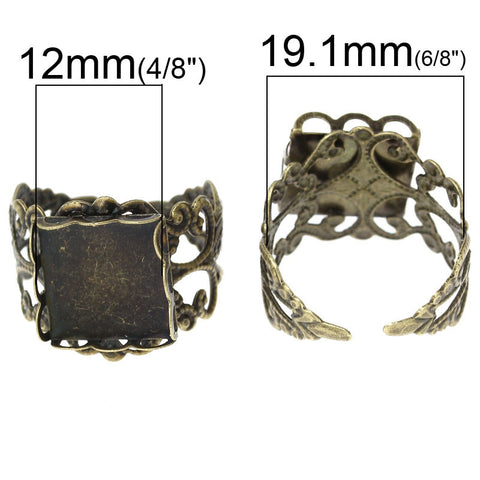 Sexy Sparkles 2 Pcs Copper Adjustable Ring Square Cabochon Setting Antique Bronze US Size 9