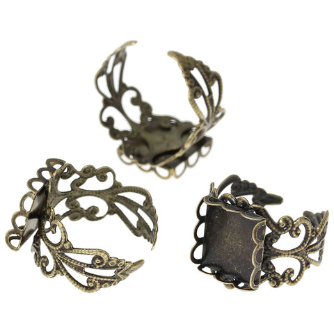 Sexy Sparkles 2 Pcs Copper Adjustable Ring Square Cabochon Setting Antique Bronze US Size 9