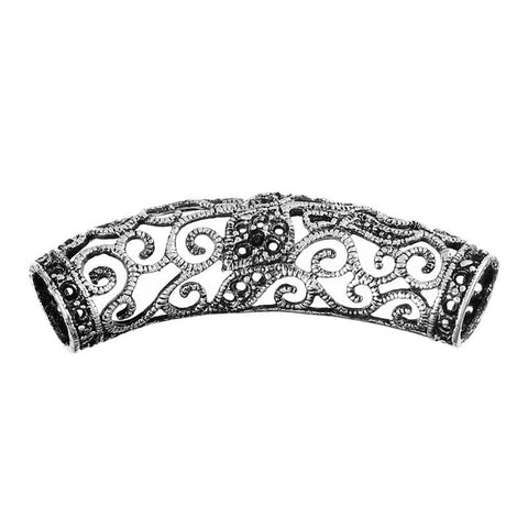2 Pcs Spacer Beads Hollow Curved Tube Flower Pattern Antique Silver 38mm - Sexy Sparkles Fashion Jewelry - 1