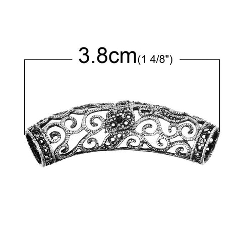 2 Pcs Spacer Beads Hollow Curved Tube Flower Pattern Antique Silver 38mm - Sexy Sparkles Fashion Jewelry - 2