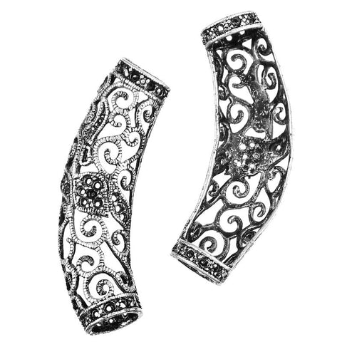 Sexy Sparkles 5 Pcs Spacer Beads Hollow Curved Tube Flower Pattern Antique Silver