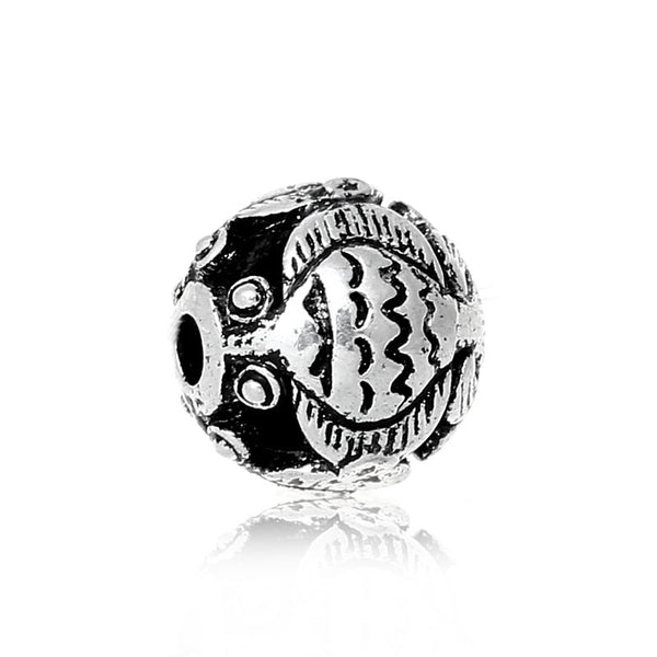 Sexy Sparkles 5 Pcs Spacer Beads Round Antique Silver Fish Pattern