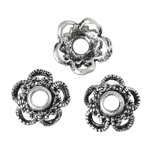 Sexy sparkles 4 Pcs Copper Bead Caps Flower Shape Antique Silver 9mm