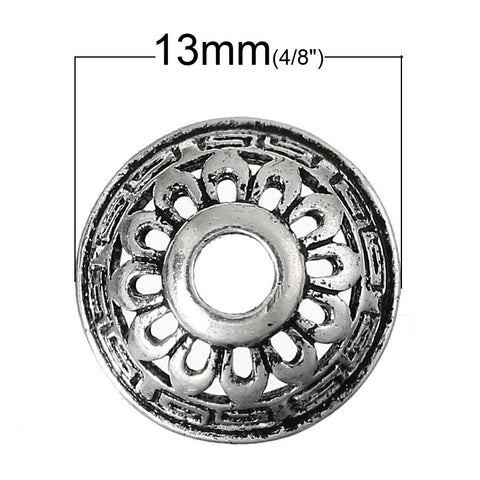 4 Pcs Copper Round Bead Caps with Flower Pattern Antique Silver 13mm - Sexy Sparkles Fashion Jewelry - 2