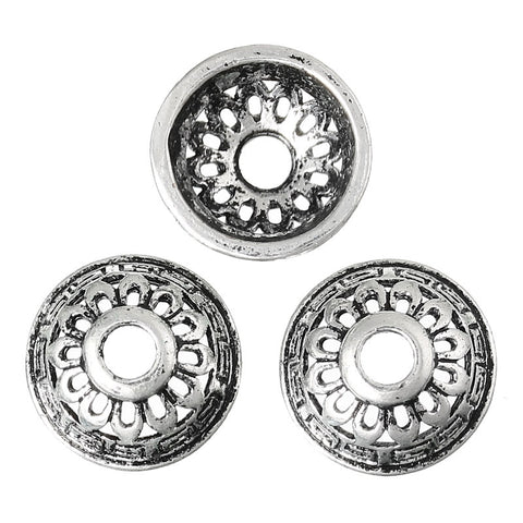 4 Pcs Copper Round Bead Caps with Flower Pattern Antique Silver 13mm - Sexy Sparkles Fashion Jewelry - 3