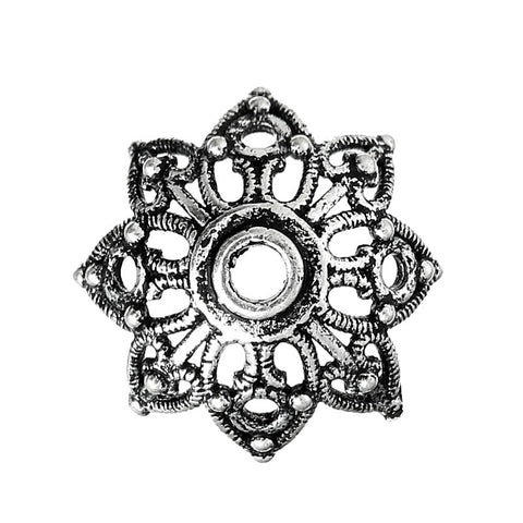 Sexy Sparkles 10 Pcs Copper Bead Caps Round Antique Silver (Fits 14mm Beads) Flower Pattern Carved