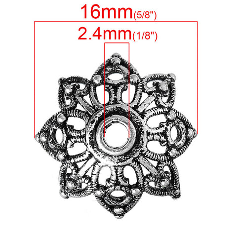 Sexy Sparkles 10 Pcs Copper Bead Caps Round Antique Silver (Fits 14mm Beads) Flower Pattern Carved
