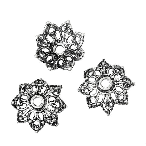 Sexy Sparkles 10 Pcs Copper Bead Caps Round Antique Silver (Fits 14mm Beads) Flower Pattern Carved