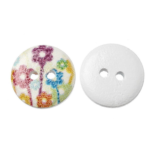 Sexy Sparkles 10 Pcs Round Wood Buttons White with Multicolor Flower Pattern 15mm