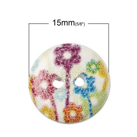 10 Pcs Round Wood Buttons White with Multicolor Flower Pattern 15mm - Sexy Sparkles Fashion Jewelry - 2