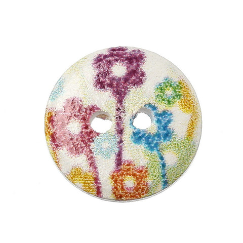 10 Pcs Round Wood Buttons White with Multicolor Flower Pattern 15mm - Sexy Sparkles Fashion Jewelry - 3