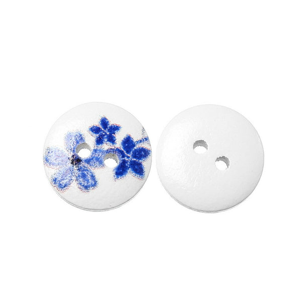 Sexy Sparkles 10 Pcs Round Wood Buttons White with Blue Flowers Pattern 15mm