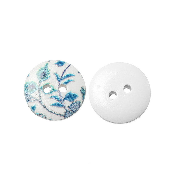 Sexy Sparkles 10 Pcs Round Wood Buttons White with Green Leaf Pattern 15mm