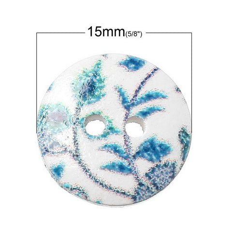 10 Pcs Round Wood Buttons White with Green Leaf Pattern 15mm - Sexy Sparkles Fashion Jewelry - 2