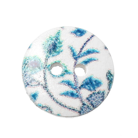 10 Pcs Round Wood Buttons White with Green Leaf Pattern 15mm - Sexy Sparkles Fashion Jewelry - 3