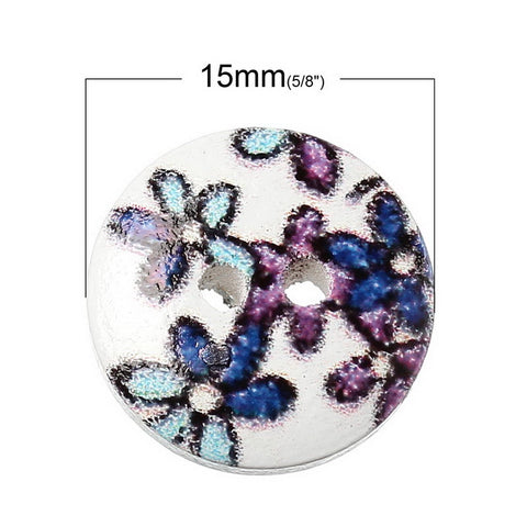 10 Pcs Round Wood Buttons White with Blue Purple Flower Pattern 15mm - Sexy Sparkles Fashion Jewelry - 3