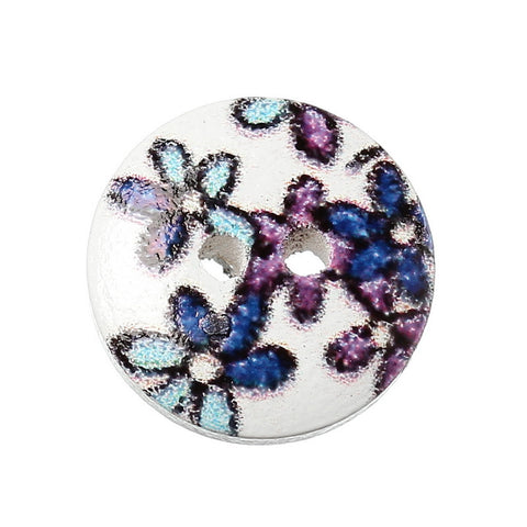 10 Pcs Round Wood Buttons White with Blue Purple Flower Pattern 15mm - Sexy Sparkles Fashion Jewelry - 2