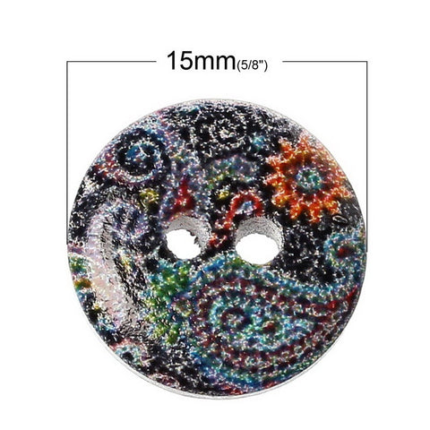 10 Pcs Round Wood Buttons Painted Multicolor Design 15mm - Sexy Sparkles Fashion Jewelry - 2