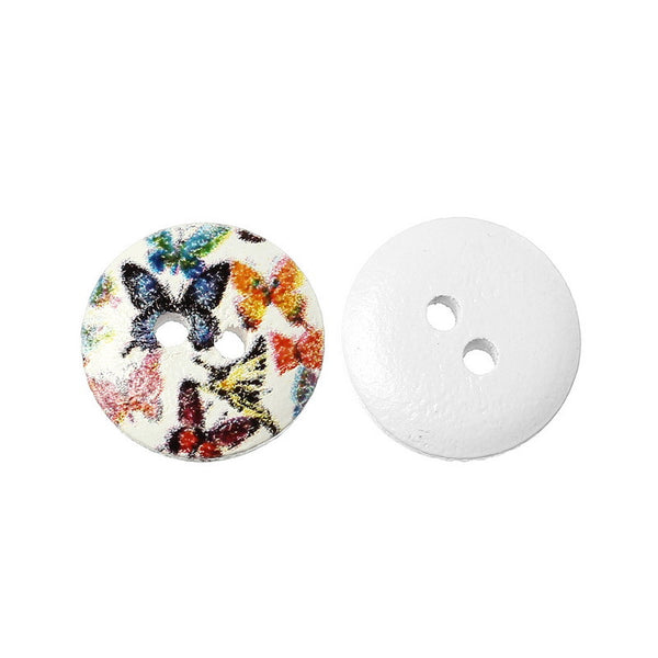 Sexy Sparkles 10 Pcs Round Wood Buttons Painted Multicolor Butterfly Pattern 15mm