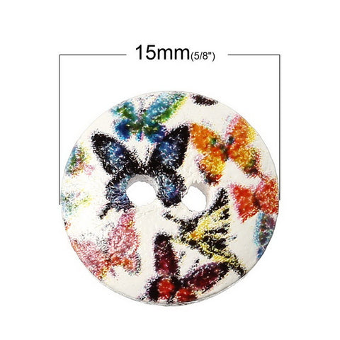 10 Pcs Round Wood Buttons Painted Multicolor Butterfly Pattern 15mm - Sexy Sparkles Fashion Jewelry - 2