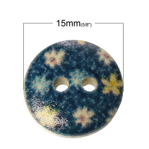 10 Pcs Round Wood Buttons Painted Blue Flower Pattern 15mm - Sexy Sparkles Fashion Jewelry - 3