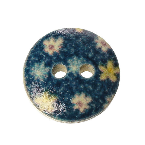 10 Pcs Round Wood Buttons Painted Blue Flower Pattern 15mm - Sexy Sparkles Fashion Jewelry - 2