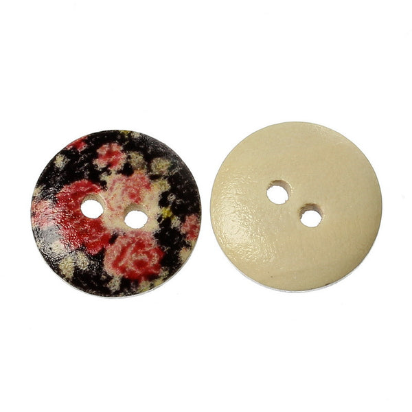 10 Pcs Round Wood Buttons Painted Black Red Flower Pattern 15mm - Sexy Sparkles Fashion Jewelry - 1