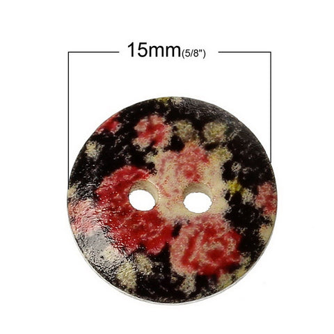 10 Pcs Round Wood Buttons Painted Black Red Flower Pattern 15mm - Sexy Sparkles Fashion Jewelry - 3