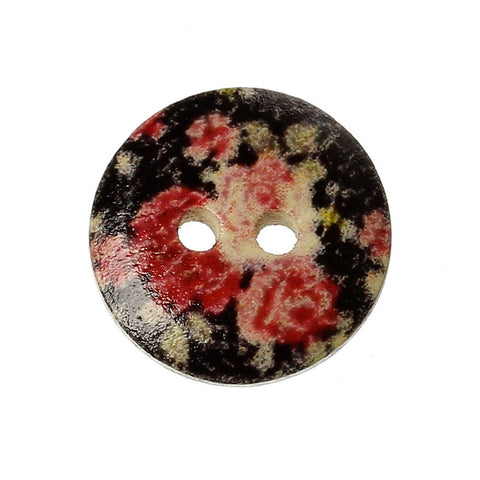 10 Pcs Round Wood Buttons Painted Black Red Flower Pattern 15mm - Sexy Sparkles Fashion Jewelry - 2