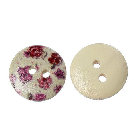 10 Pcs Round Wood Buttons Natural Pink Purple Flowers Pattern 15mm - Sexy Sparkles Fashion Jewelry - 3