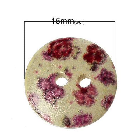 10 Pcs Round Wood Buttons Natural Pink Purple Flowers Pattern 15mm - Sexy Sparkles Fashion Jewelry - 2
