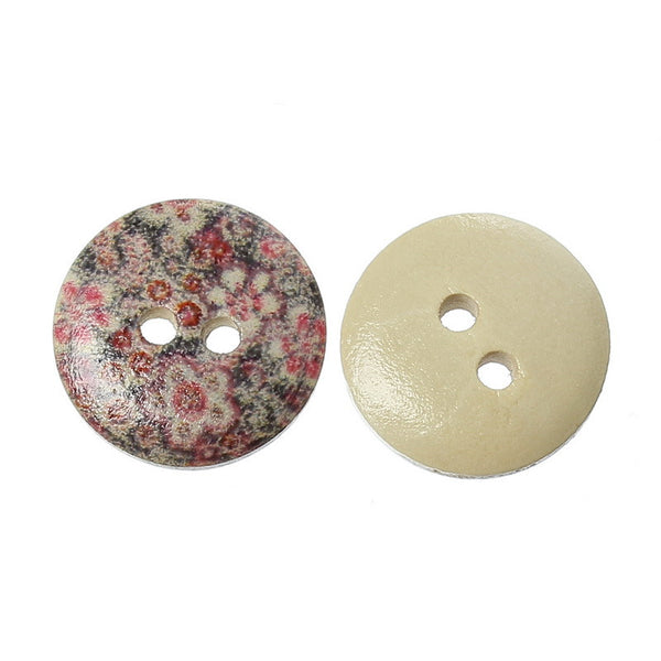 Sexy Sparkles 10 Pcs Round Wood Buttons Multicolor Flowers Design 15mm