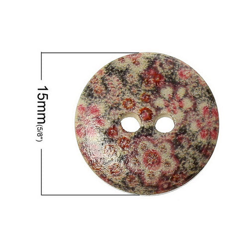 10 Pcs Round Wood Buttons Multicolor Flowers Design 15mm - Sexy Sparkles Fashion Jewelry - 3