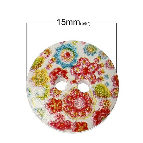 10 Pcs Round Wood Buttons Multicolor Flower Pattern 15mm - Sexy Sparkles Fashion Jewelry - 2
