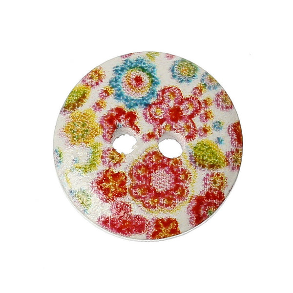 Sexy Sparkles 10 Pcs Round Wood Buttons Multicolor Flower Pattern 15mm