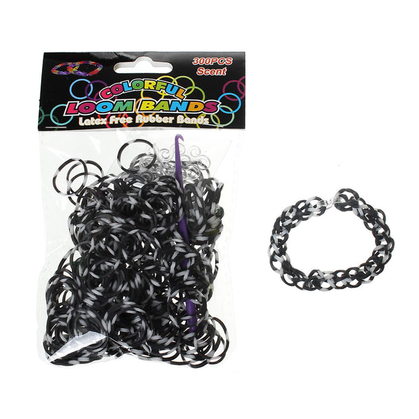 Sexy Sparkles 300 Pcs Rubber Bands DIY Loom Bracelet Making Kit with Hook Crochet and S Clips (White and Black)