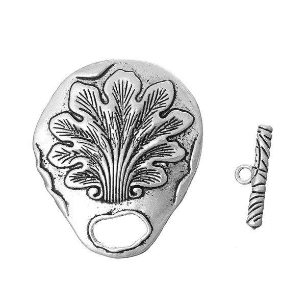 2 Sets of Toggle Clasps Oval Antique Silver Leaf Pattern Carved 4.5cm - Sexy Sparkles Fashion Jewelry - 1