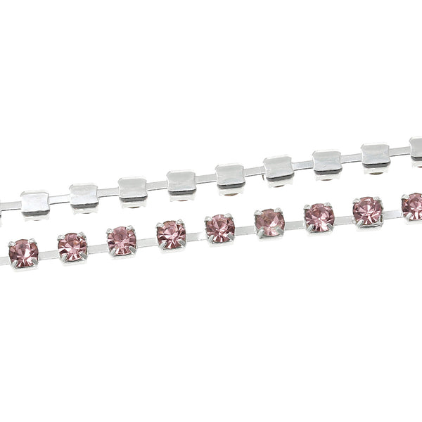 Sexy Sparkles 3 Feet Trims Close Cup Chain Silver Tone Square Rhinestone 2mm(1/8inch ) (Light Pink)
