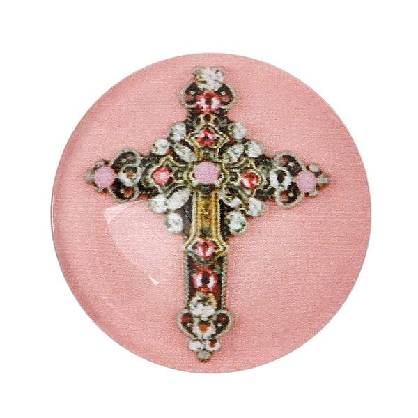 Sexy Sparkles 5 Pcs Round Flatback Glass Dome Cabochon Embellishment with Design 20mm(6/8inch ) (Pink Cross)