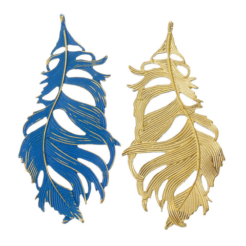 1 Pc. Feather Charm Pendant Gold Plated Blue Enamel 87mm X 42mm - Sexy Sparkles Fashion Jewelry - 3