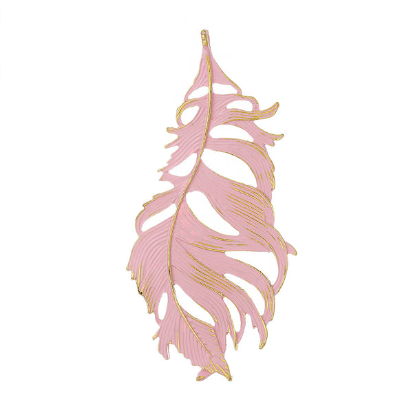 Sexy Sparkles 1 Pc. Feather Charm Pendant Gold Plated Pink Enamel 87mm X 42mm