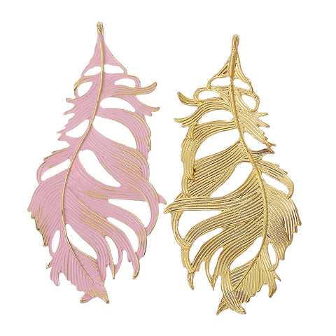 1 Pc. Feather Charm Pendant Gold Plated Pink Enamel 87mm X 42mm - Sexy Sparkles Fashion Jewelry - 2