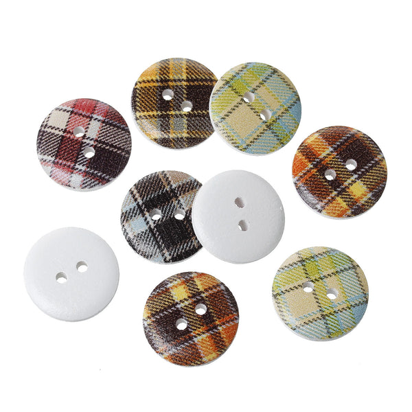 10 Pcs Wood Round Scrapbooking Sewing Buttons Multicolor Grid Pattern 18mm - Sexy Sparkles Fashion Jewelry - 1