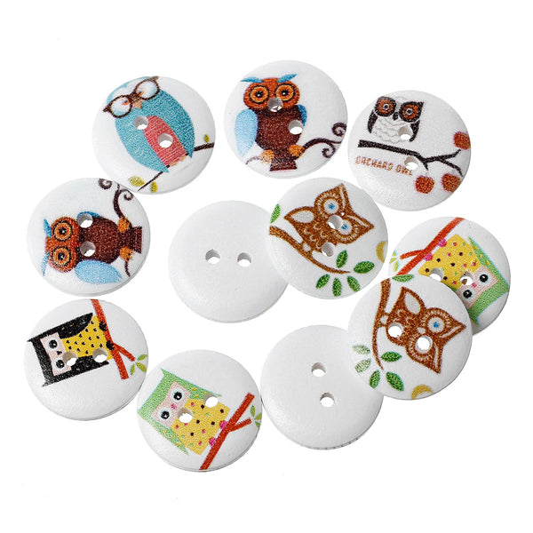 Sexy Sparkles 10 Pcs Wood Round Scrapbooking Sewing Buttons Painted Owl Design 18mm