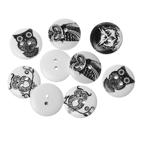 10 Pcs Wood Round Scrapbooking Sewing Buttons White and Black Owl Design 18mm - Sexy Sparkles Fashion Jewelry - 1