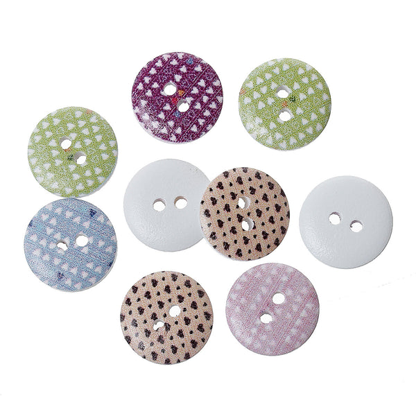 20 Pcs Wood Round Scrapbooking Sewing Buttons Multicolor Heart Design 15mm - Sexy Sparkles Fashion Jewelry - 1