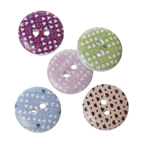 20 Pcs Wood Round Scrapbooking Sewing Buttons Multicolor Heart Design 15mm - Sexy Sparkles Fashion Jewelry - 2
