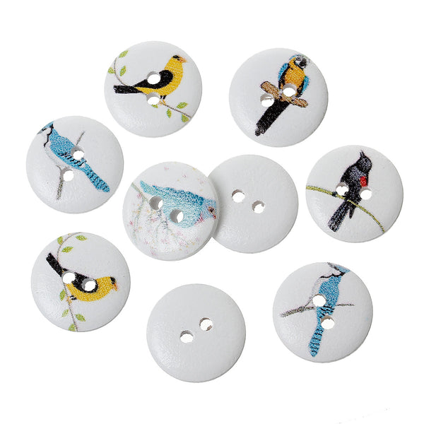 Sexy Sparkles 10 Pcs Wood Round Scrapbooking Sewing Buttons Multicolor Bird Design 15mm